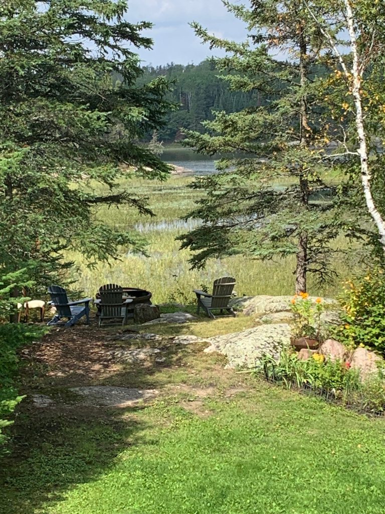 Green yard with some launchairs and a fire pit overlooking a weedy river. 